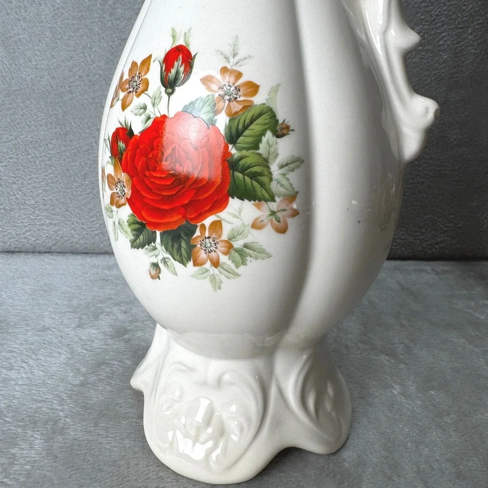 Vintage White Ceramic Rose Floral Pitcher Vase Ornate Handle Scalloped Cottage